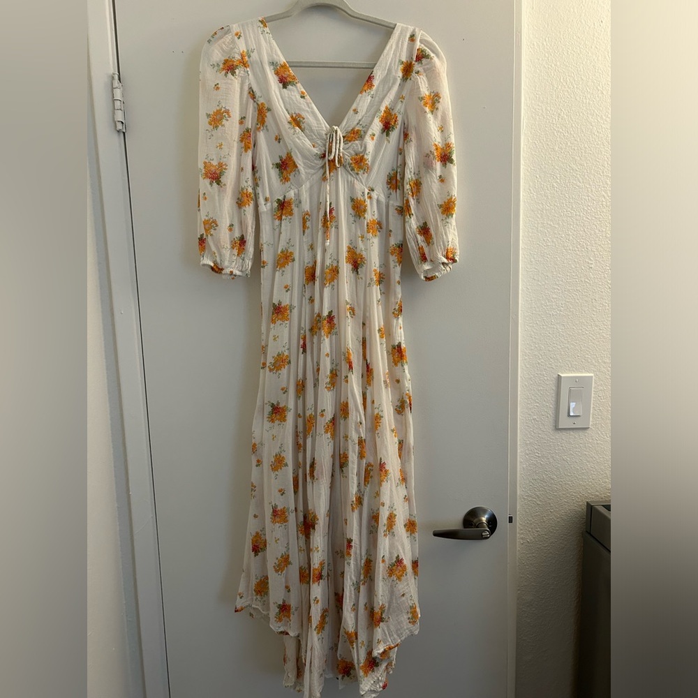 Free People Boho White Floral Maxi Dress with Yellow Orange Floral Print Size 0